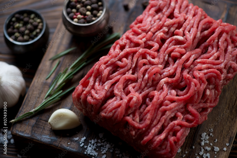 Close-up of raw beef mincemeat, selective focus, studio shot Close-up of raw beef mincemeat, selective focus, studio shot