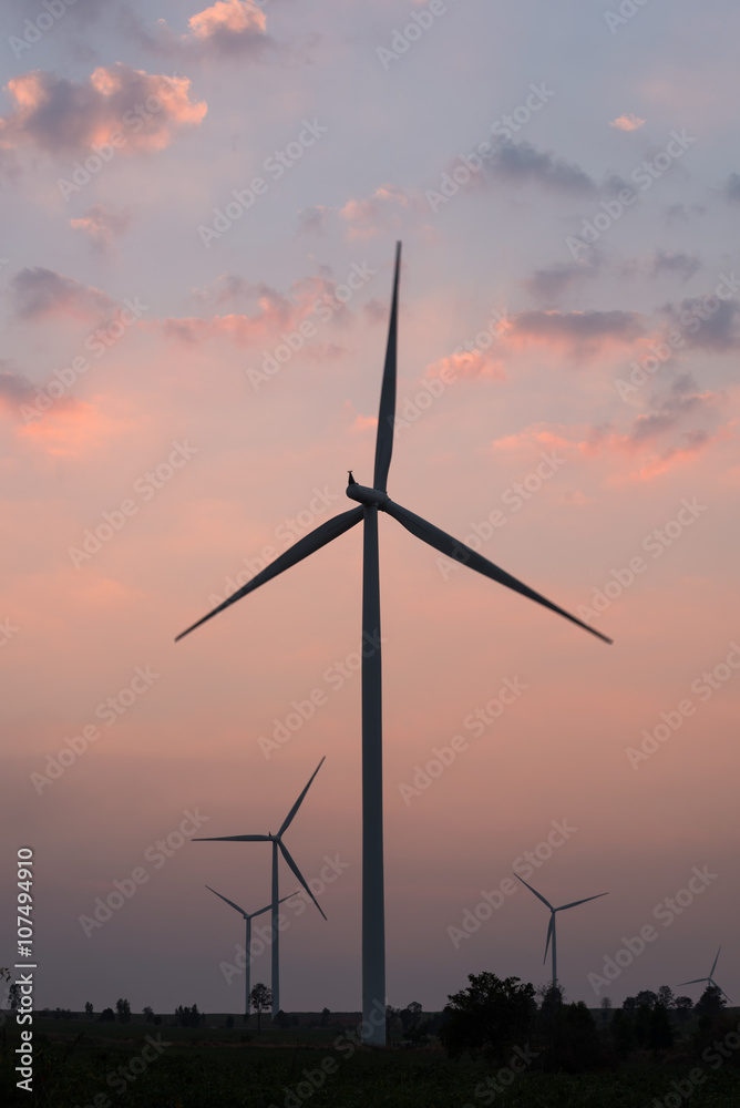 Obraz premium silhouette of wind turbines at sunset