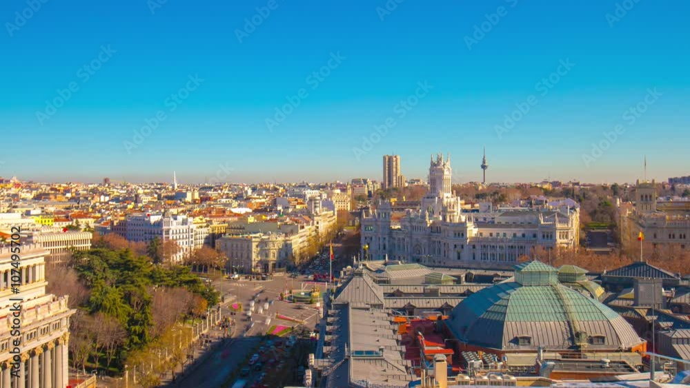 sunny madrid city placa de la cibeles panoramic from the roof 4k time lapse 
