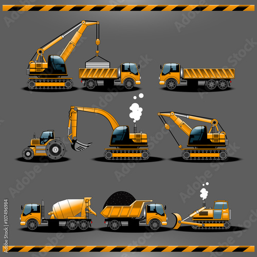 Construction Trucks. Construction Vehicles Types Vector icon set. Car Toy Packaging Design. Construction Transportation Vehicles. Construction Cars. Driving License Categories Book illustration.