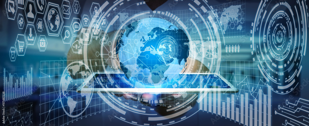 Businessman holding digital charts and globe Businessman holding digital charts and globe