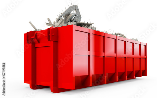 Red rubble container perspective front view isolated on white background. 3D Rendering, 3D Illustration.