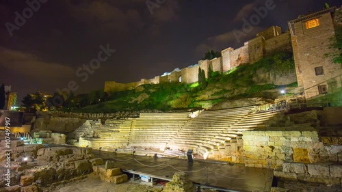malaga nigh light old coliseum part castle view 4k time lapse spain
