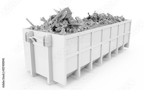 White rubble container perspective front view isolated on white background. 3D Rendering, 3D Illustration.
