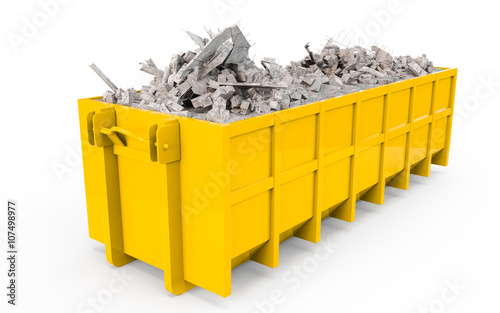 Yellow rubble container perspective front view isolated on white background. 3D Rendering, 3D Illustration.