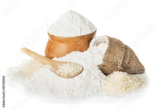 Rice flour and rice in bowl photo