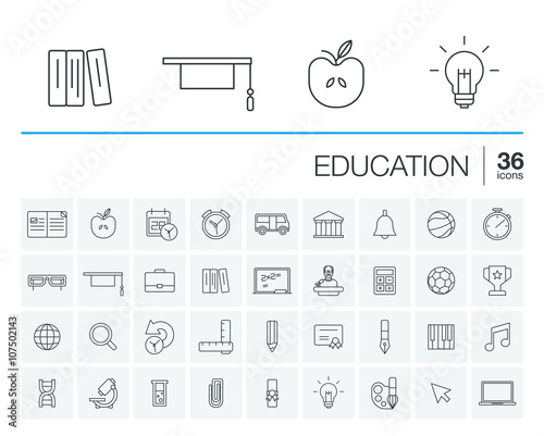 Vector thin line icons set and graphic design elements. Illustration with education, online learning, think outline symbols. Book, microscope, calculator, pen, elearning, teacher linear pictogram