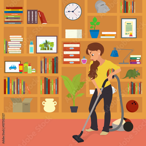 woman vacuuming the room. Girl makes room cleaning on the background of a large closet. Woman makes cleaning the room. vector illustration.