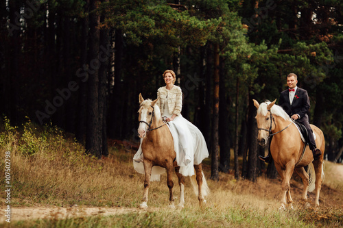 beautiful fabulous happy bride and stylish groom riding horses on the background of the autumn forest © SPY_studio