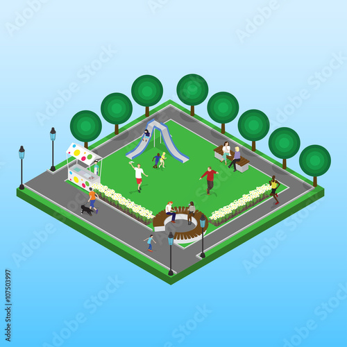 Men, women and children in city park. Flat 3d web vector isometric illustration