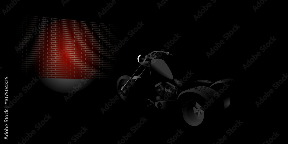 Fototapeta premium V-twin trike motorcycle front light on a red brick wall in the night