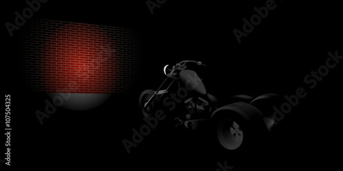 V-twin trike motorcycle front light on a red brick wall in the night