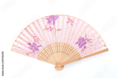 Flower painted hand fan, chinese style hand fan on white background.