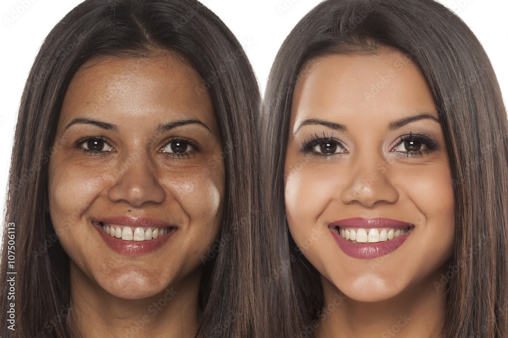 Comparison portrait of a exotic beautiful woman without and with makeup Comparison portrait of a exotic beautiful woman without and with makeup
