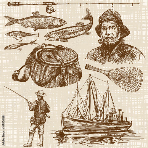 Fishing. Hand drawn set