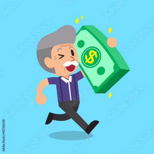 Cartoon senior man carrying big money stack