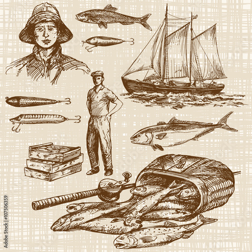 Fishing. Hand drawn set.