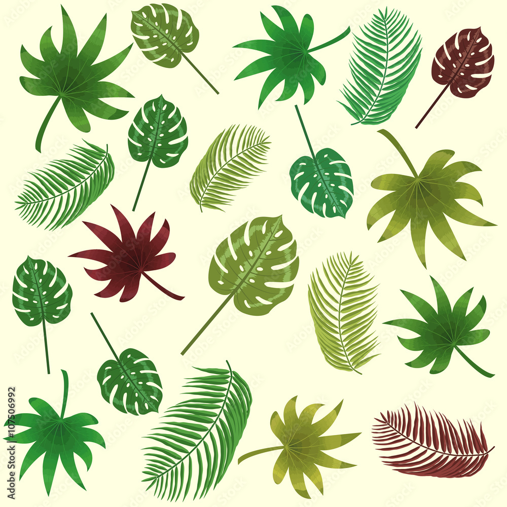 Naklejka premium tropical leaves. vector, seamless, pattern background. Can be used to advertising, decoration of cards, phones, baby food, toys, websites, furniture, bags, home decoration, linens etc.