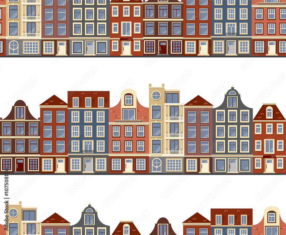 Seamless pattern with old historic buildings of Amsterdam. Flat style vector illustration. 