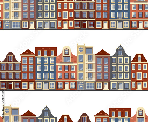 Seamless pattern with old historic buildings of Amsterdam. Flat style vector illustration. 