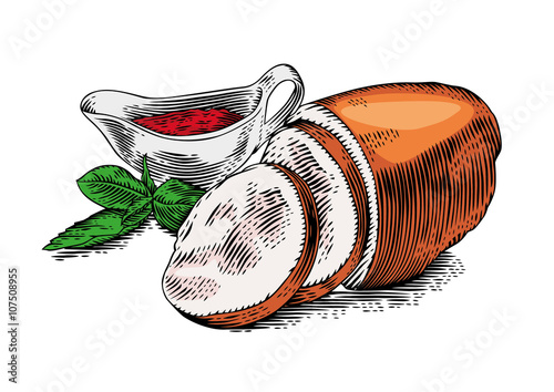 Smoked pork meat with basil and red sauce