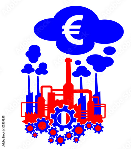 Factory in the colors of flag of France as metaphor of French industry and its financial profit or crisis expressed as income of euro 