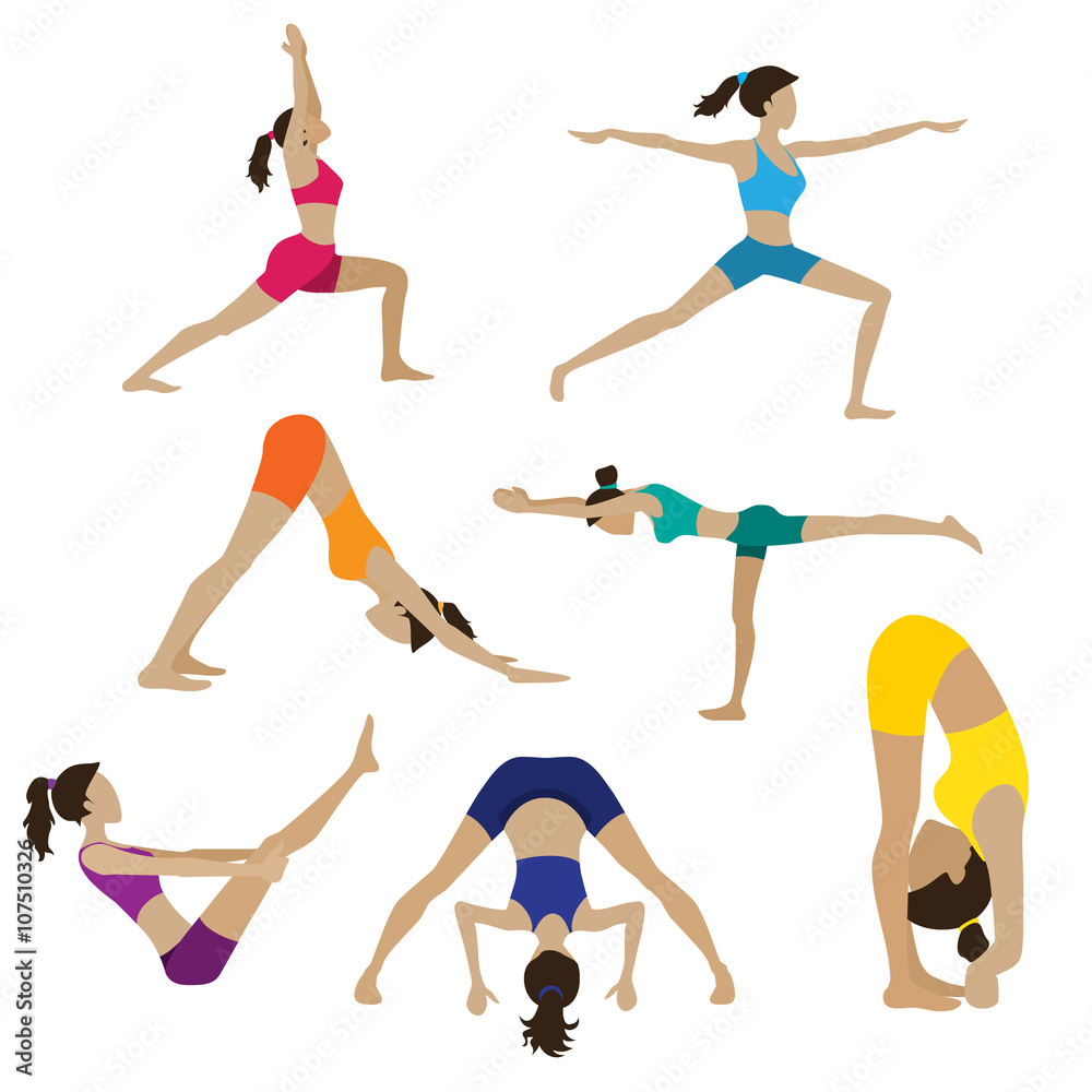 Set of seven yoga poses. Woman doing yoga