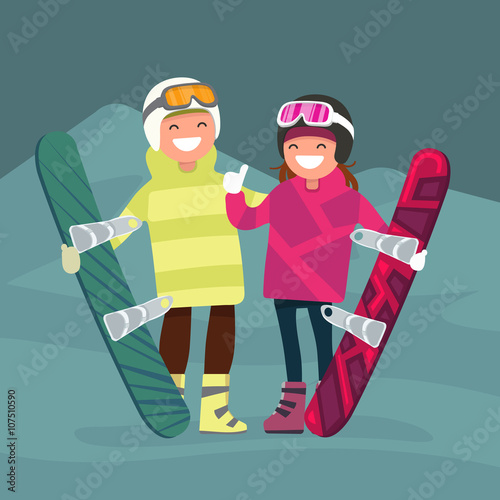Boy and girl on top with snowboard young and happy couple snowboarders Vector illustration flat design