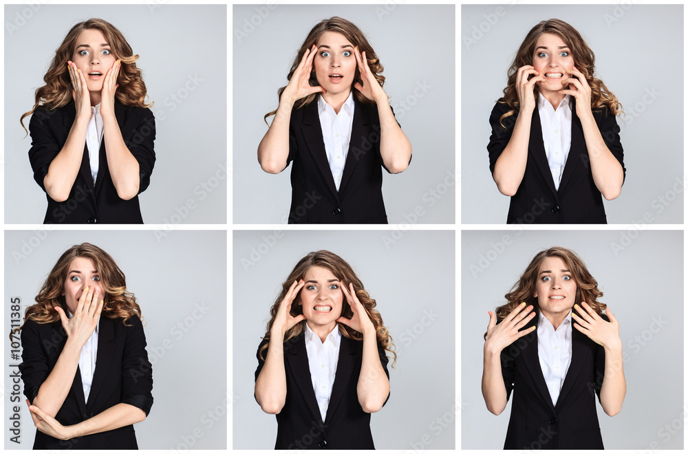 The collage of young woman's portraites with different astonished emotions The collage of young woman's portraites with different astonished emotions