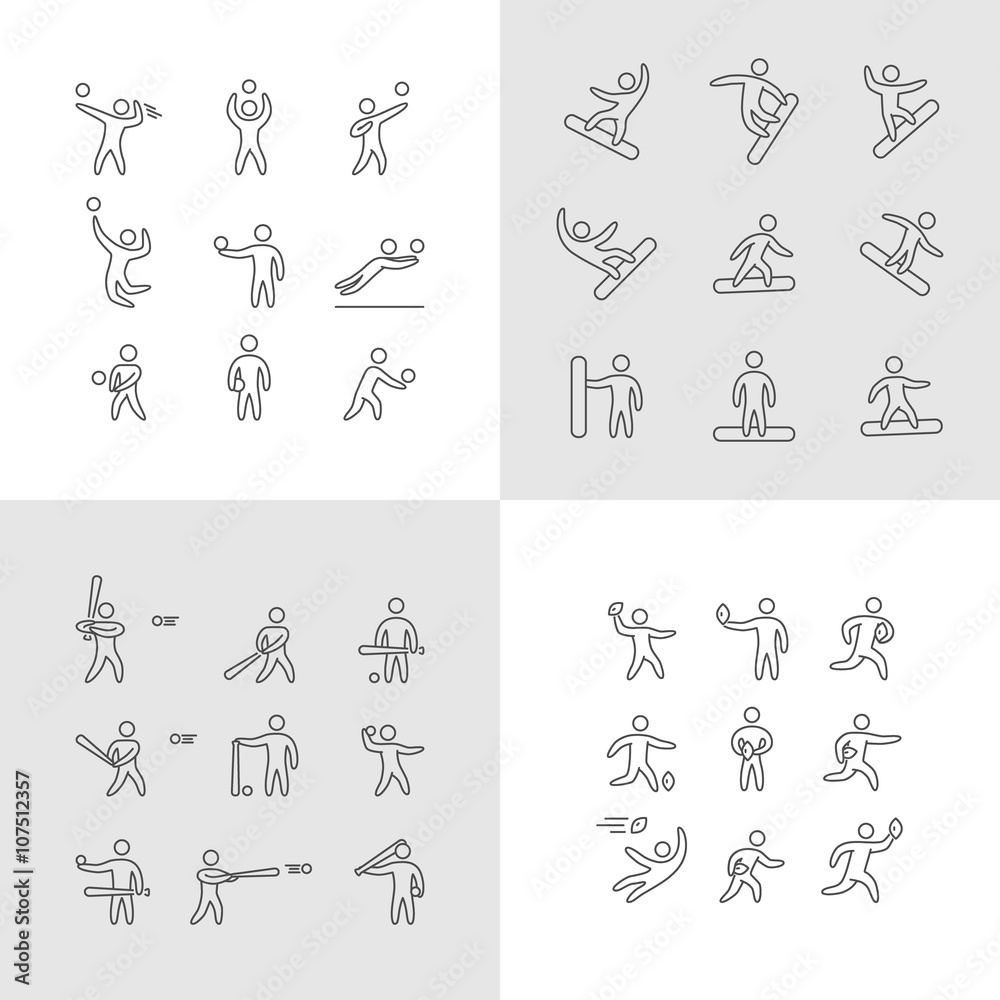Icon volleyball, snowboarding, baseball and rugby. Icon volleyball, snowboarding, baseball and rugby.