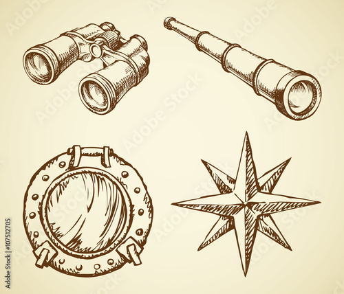 Vector drawing of binoculars, telescope, window, wind rose