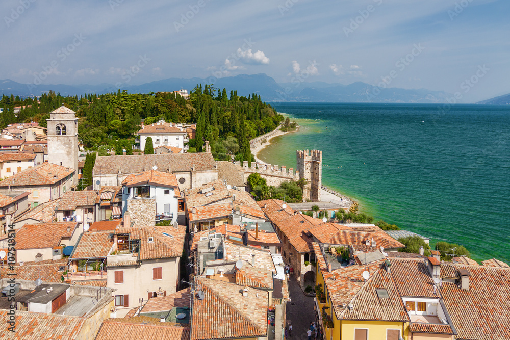 Sunny view of Sirmione from viewpoint of Rocca di Sirmione, Lombardia region, Italy.