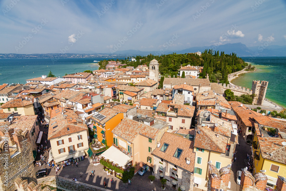 Sunny view of Sirmione from viewpoint of Rocca di Sirmione, Lombardia region, Italy.