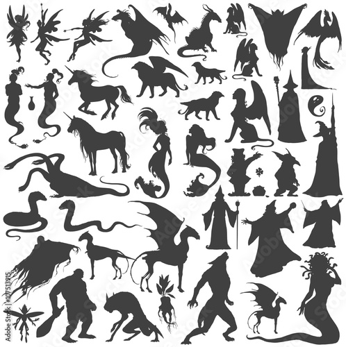 Silhouette collection of mythological people  monsters  creatures  Fairy  elf  nymph magician unicorn gin dragon hydra chimera mermaid griffin sphinx vampire...Hand drawn vector illustration set.