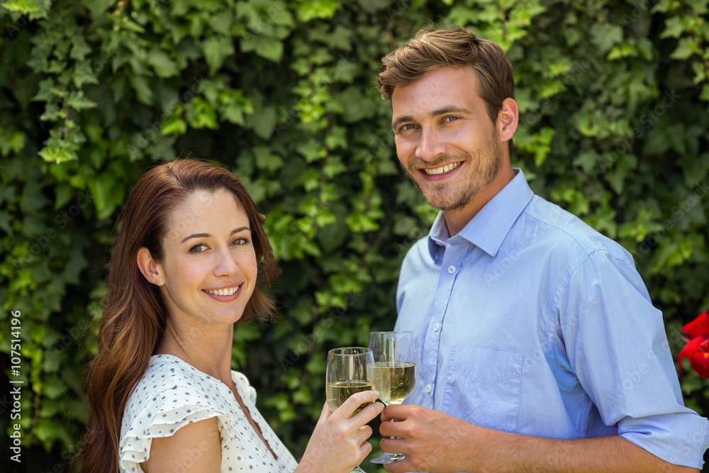 Happy couple toasting wineglasses at front yard Happy couple toasting wineglasses at front yard