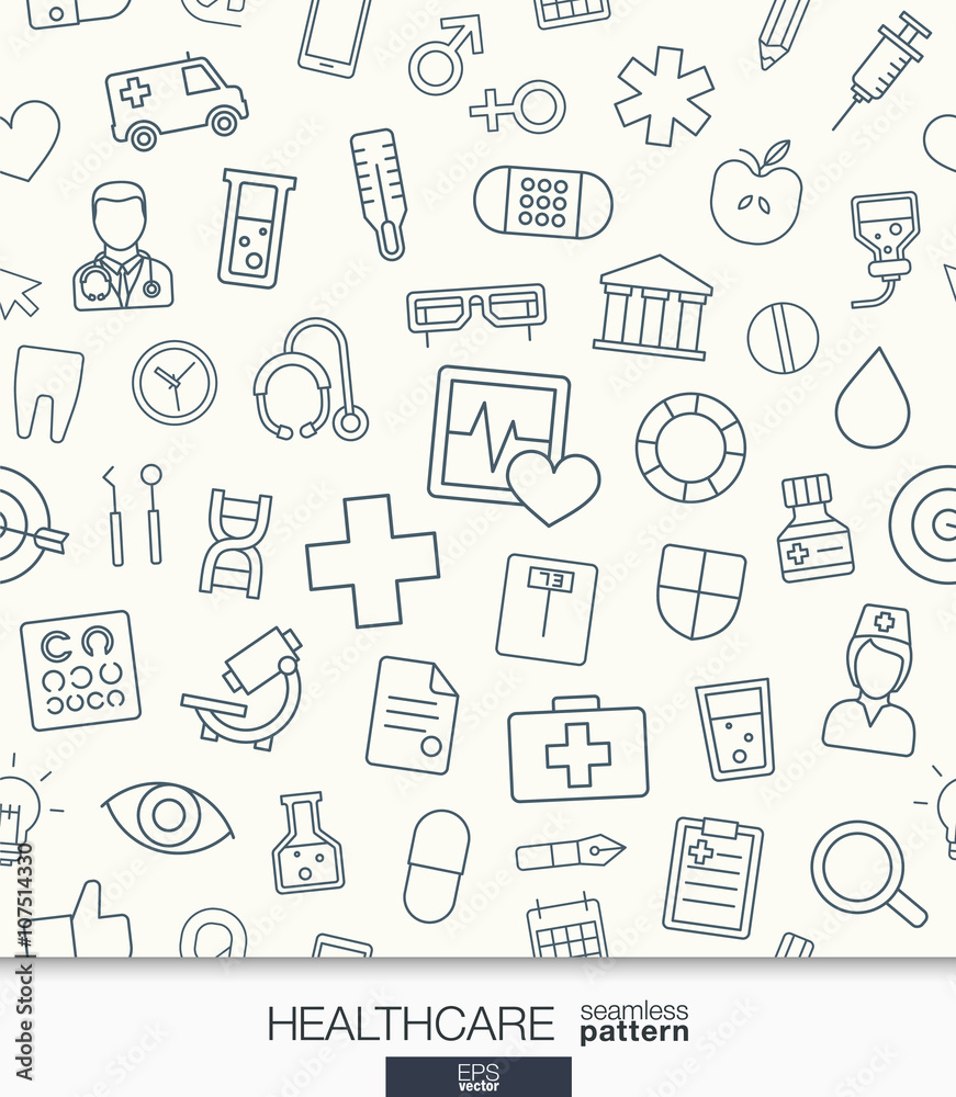 Healthcare wallpaper. Medical seamless pattern. Tiling textures with thin line web icons set. Vector illustration. Abstract health care and medicine background for mobile app, website, presentation.