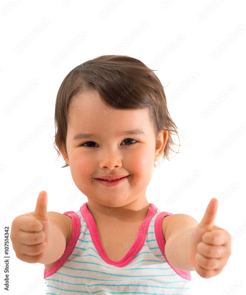 Portrait of a beautiful and confident girl showing thumbs up isolated one white Portrait of a beautiful and confident girl showing thumbs up isolated one white