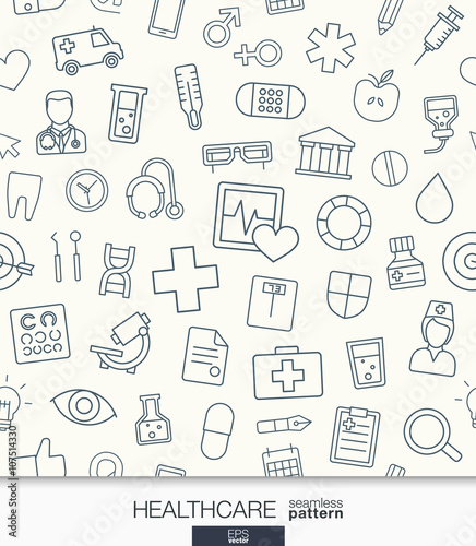 Healthcare wallpaper. Medical seamless pattern. Tiling textures with thin line web icons set. Vector illustration. Abstract health care and medicine background for mobile app  website  presentation.