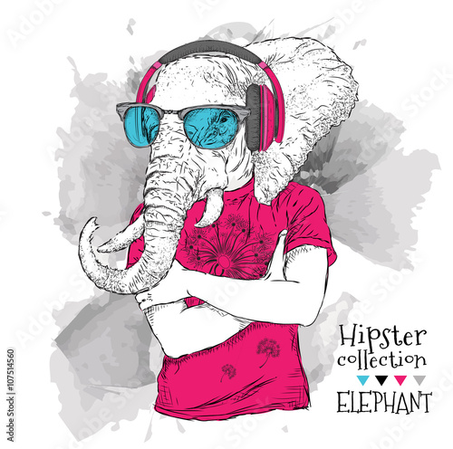 Illustration of elephant hipster dressed up in t-shirt, pants and  in the glasses and headphones. Vector illustration.