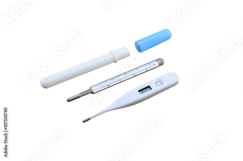 macro isolated glass mercury thermometer with a protective plastic cover and the plastic electronic thermometer on a white background