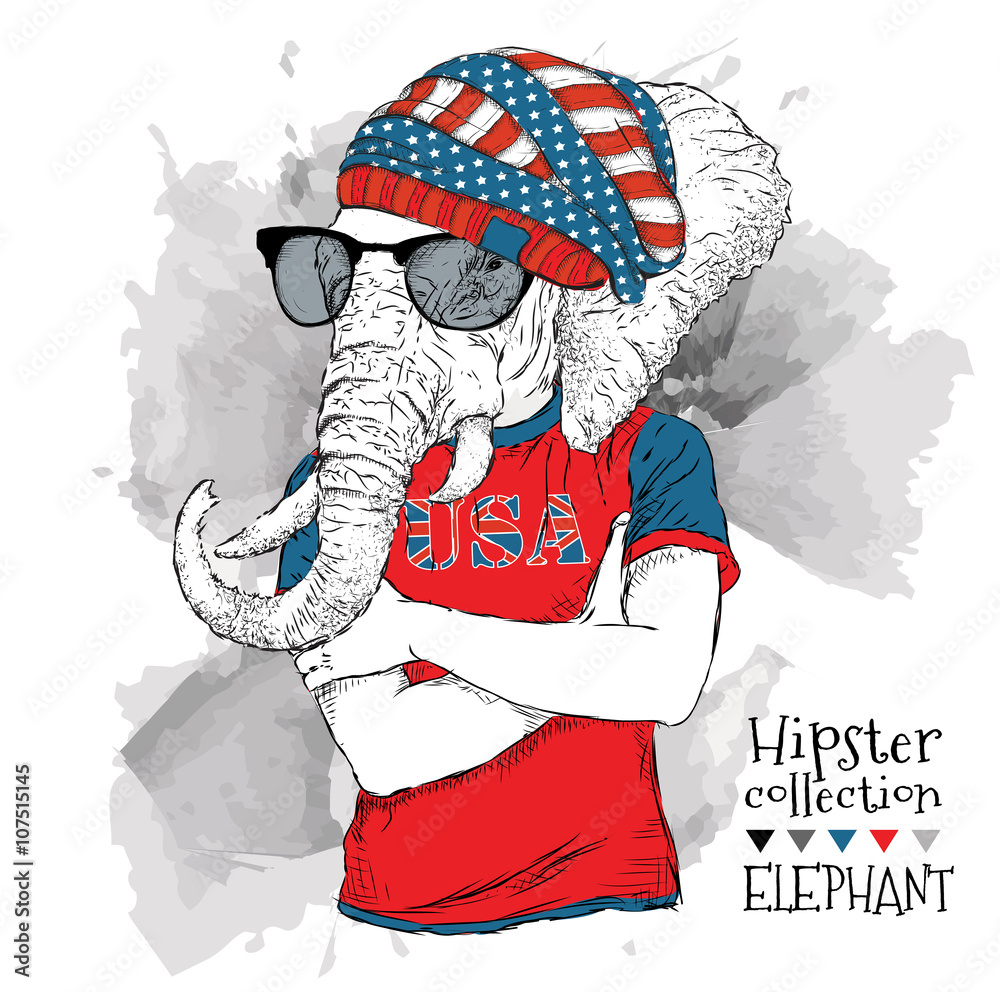 Φωτογραφία Illustration of elephant dressed up in the glasses and in the t-shirt with print of USA flag