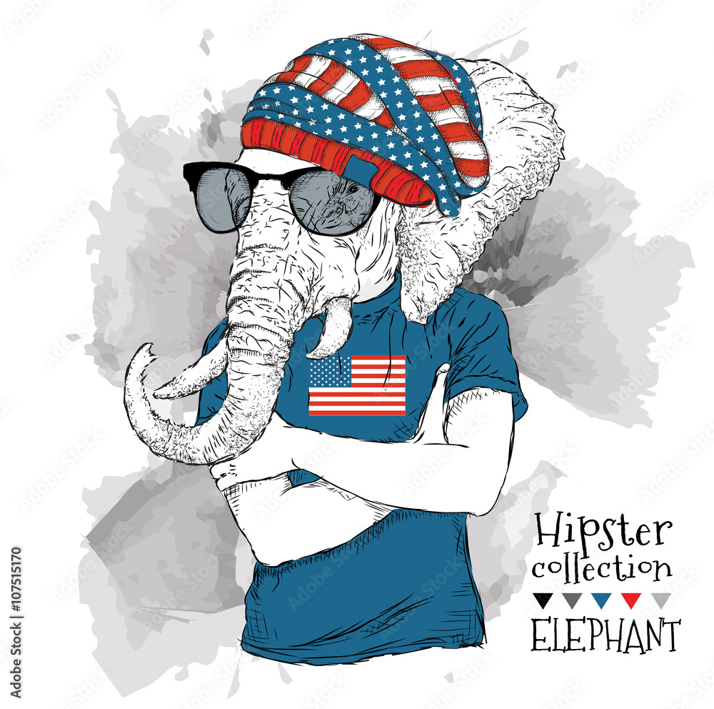 Φωτογραφία Illustration of elephant dressed up in the glasses and in the t-shirt with print of USA flag