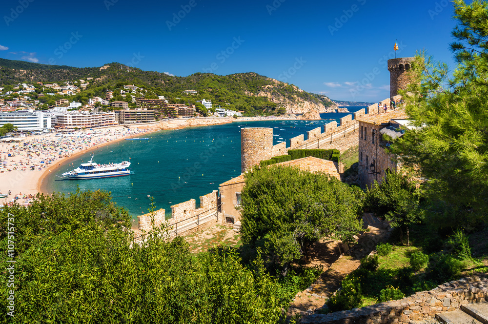 Sunny view of Mediterranean sea bay of fortress Tossa de Mar, Girona province, Spain.