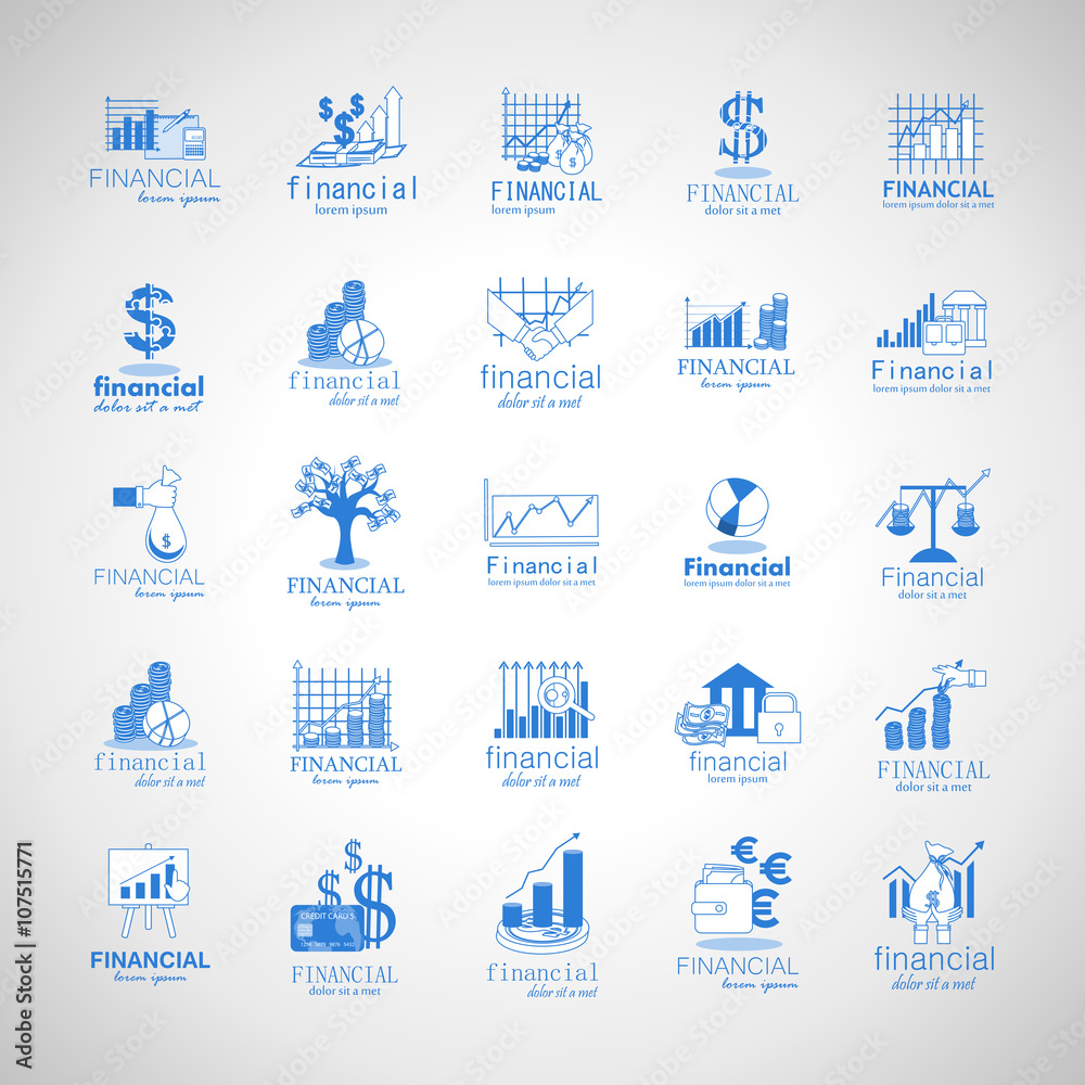 Financial Icons Set-Isolated On Gray Background-Vector Illustration,Graphic Design.Collection Of Color Icons.Different Logotype Shape.Modern Logo
