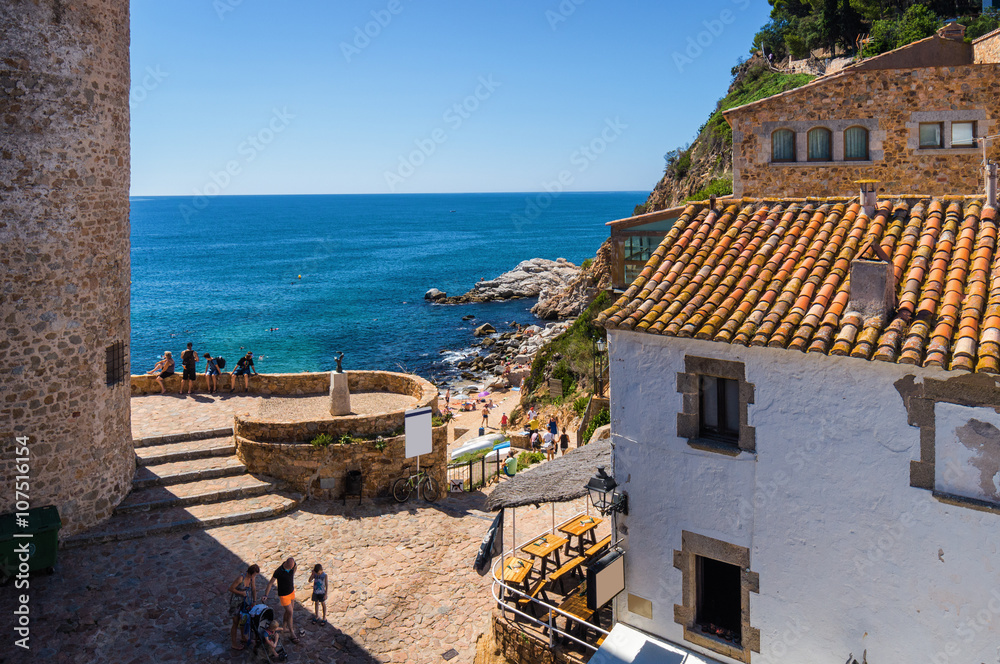 Sunny view of Mediterranean sea and viewpoint from fortress Tossa de Mar, Girona province, Spain.