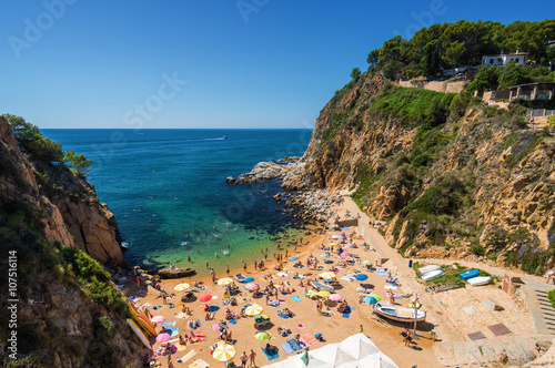 Sunny view of rocky beach from fortress Tossa de Mar  Girona province  Spain.