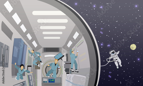 Fototapeta Naklejka Na Ścianę i Meble -  Space mission concept vector illustration. Cosmonauts flying in no gravity