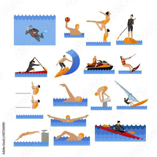 Water sport icons set with people swimming, sailing, jumping to water. Vector illustration in flat style. 