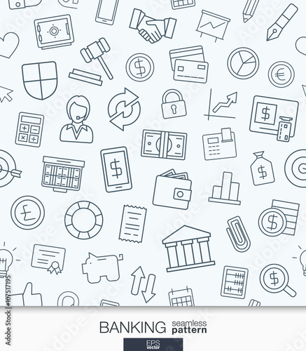Banking and finance wallpaper. Black and white bank seamless pattern. Tiling textures with thin line web icons set. Vector illustration. Abstract background for mobile app, website, presentation.