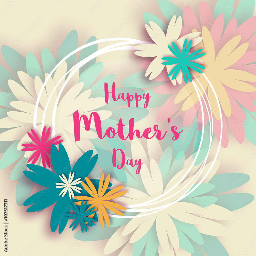 Obraz premium Happy Mother's Day. Yellow Floral Greeting card. International Women's Day. Holiday background with paper cut Frame Flowers and title. Origami Trendy Design Template. Vector illustration.